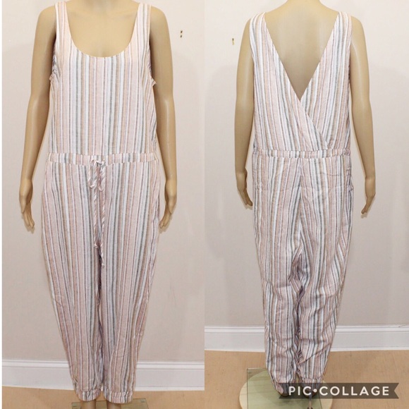 Anthropologie Pants - Drew Linen Blend Stripe Jumpsuit in Melon/Olive